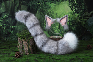 Gray Jazz cats tail and ear cosplay faux fur silver tabby cat ears and tail butt plug kitten kemonomimi anime cosplay therian fursuit halloween gift