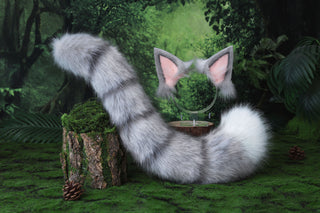 Gray Jazz cats tail and ear cosplay faux fur silver tabby cat ears and tail butt plug kitten kemonomimi anime cosplay therian fursuit halloween gift