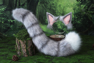 Gray Jazz cats tail and ear cosplay faux fur silver tabby cat ears and tail butt plug kitten kemonomimi anime cosplay therian fursuit halloween gift