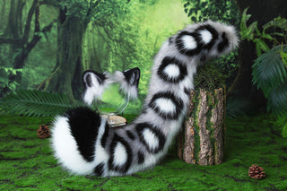 Gray faux fur snow leopard ear and tail butt plug snow leopard cosplay ear and tail therian leopard kemonomimi role play christmas gift halloween