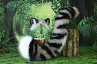 Gray tiger ear and tail realistic faux fur tiger tail and ear set tiger petplay set animal cosplay tiger tail butt plug and ear tiger kemonomimi ears