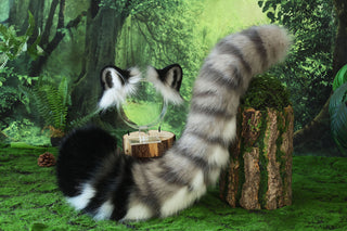 Gray tiger ear and tail realistic faux fur tiger tail and ear set tiger petplay set animal cosplay tiger tail butt plug and ear tiger kemonomimi ears