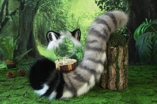 Gray tiger ear and tail realistic faux fur tiger tail and ear set tiger petplay set animal cosplay tiger tail butt plug and ear tiger kemonomimi ears
