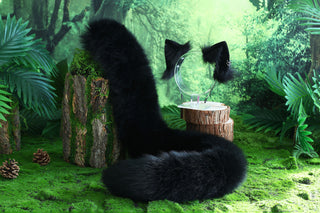 Black real fur fox tail plug and ear faux fur ear flexible and soft wolf tail and ear cat tail petplay anime cosplay role play fox kemonomimi