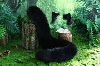 Black real fur fox tail plug and ear faux fur ear flexible and soft wolf tail and ear cat tail petplay anime cosplay role play fox kemonomimi