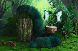 Green real fur fox tail plug and ear faux fur ear wolf tail and ear cat tail petplay anime cosplay role play therian fox kemonomimi kitten ear