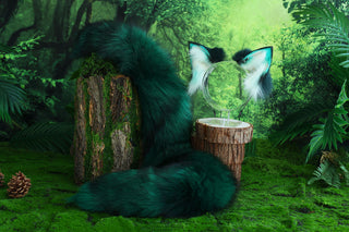 Green real fur fox tail plug and ear faux fur ear wolf tail and ear cat tail petplay anime cosplay role play therian fox kemonomimi kitten ear