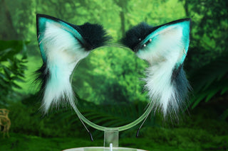 Green real fur fox tail plug and ear faux fur ear wolf tail and ear cat tail petplay anime cosplay role play therian fox kemonomimi kitten ear