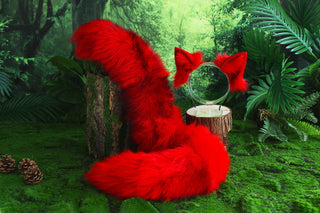 Red real fur fox tail butt plug and ear faux fur ear wolf tail and ear cat tail petplay anime cosplay role play therian fox kemonomimi ear kitten play