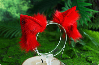 Red real fur fox tail butt plug and ear faux fur ear wolf tail and ear cat tail petplay anime cosplay role play therian fox kemonomimi ear kitten play