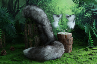 Gray white real fur fox tail butt plug and ear faux fur ear flexible and soft wolf tail and ear petplay anime cosplay role play fox kemonomimi cat ear