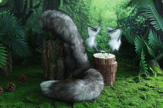 Gray white real fur fox tail butt plug and ear faux fur ear flexible and soft wolf tail and ear petplay anime cosplay role play fox kemonomimi cat ear