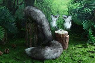 Gray white real fur fox tail butt plug and ear faux fur ear flexible and soft wolf tail and ear petplay anime cosplay role play fox kemonomimi cat ear
