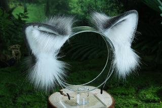 Gray white real fur fox tail butt plug and ear faux fur ear flexible and soft wolf tail and ear petplay anime cosplay role play fox kemonomimi cat ear