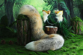 Flexible and soft real fur fox tail and ear faux fur ear wolf tail butt plug and ear cat tail petplay anime cosplay role play therian fox kemonomimi