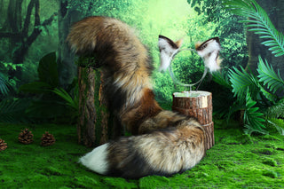 Brown real fur fox tail and ear faux fur ear wolf tail butt plug and ear cat ear and tail petplay kittenplay anime cosplay role play kemonomimi