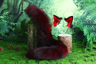 Red black fox tail and ear faux fur ear real fur wolf tail and ear cat tail petplay anime cosplay role play therian fox kemonomimi ear