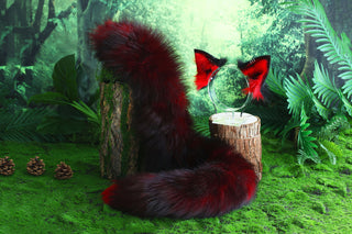Red black fox tail and ear faux fur ear real fur wolf tail and ear cat tail petplay anime cosplay role play therian fox kemonomimi ear