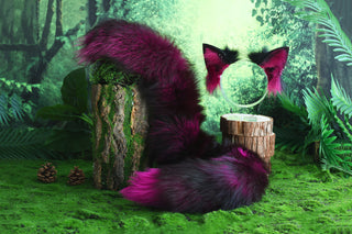 Purple black real fur fox tail and ear faux fur ear wolf tail butt plug and ear cat tail petplay anime cosplay role play therian fox kemonomimi ear
