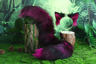 Purple black real fur fox tail and ear faux fur ear wolf tail butt plug and ear cat tail petplay anime cosplay role play therian fox kemonomimi ear