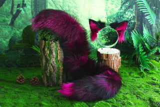 Purple black real fur fox tail and ear faux fur ear wolf tail butt plug and ear cat tail petplay anime cosplay role play therian fox kemonomimi ear