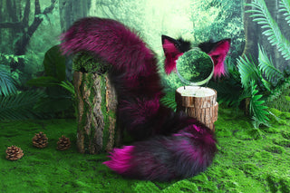 Purple black real fur fox tail and ear faux fur ear wolf tail butt plug and ear cat tail petplay anime cosplay role play therian fox kemonomimi ear