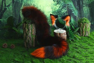 Orange black real fur fox tail and ear faux fur ear wolf tail plug and ear cat ear and tail petplay kittenplay anime cosplay role play kemonomimi