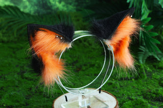 Orange black real fur fox tail and ear faux fur ear wolf tail plug and ear cat ear and tail petplay kittenplay anime cosplay role play kemonomimi