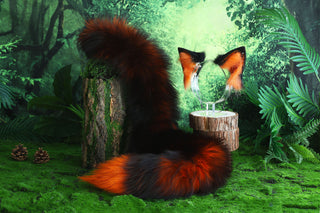 Orange black real fur fox tail and ear faux fur ear wolf tail plug and ear cat ear and tail petplay kittenplay anime cosplay role play kemonomimi