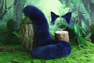 Blue real fur fox tail and ear faux fur ear flexible and soft wolf tail butt plug and ear cat tail petplay anime cosplay role play fox kemonomimi