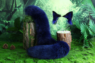Blue real fur fox tail and ear faux fur ear flexible and soft wolf tail butt plug and ear cat tail petplay anime cosplay role play fox kemonomimi