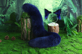 Blue real fur fox tail and ear faux fur ear flexible and soft wolf tail butt plug and ear cat tail petplay anime cosplay role play fox kemonomimi