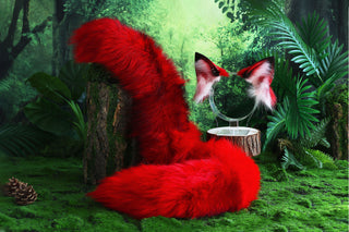 Red black real fur fox tail and ear faux fur ear wolf tail butt plug and ear cat tail petplay anime cosplay role play therian fox kemonomimi ear