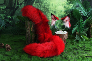 Red black real fur fox tail and ear faux fur ear wolf tail butt plug and ear cat tail petplay anime cosplay role play therian fox kemonomimi ear