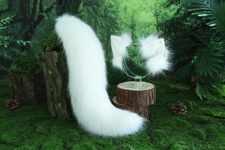 White Faux fur fox ear and tail butt plug curved wolf tail and ear cat tail and ear kitten ear and tail set anime cosplay fox kemonomimi wolf petplay