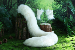 White real fur fox tail butt plug and ear faux fur ear flexible and soft wolf tail and ear cat tail petplay anime cosplay role play fox kemonomimi