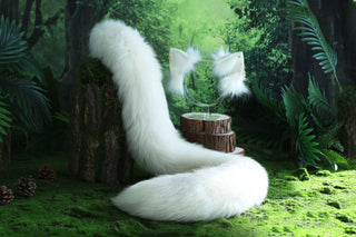 White real fur fox tail butt plug and ear faux fur ear flexible and soft wolf tail and ear cat tail petplay anime cosplay role play fox kemonomimi
