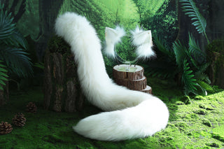 White real fur fox tail butt plug and ear faux fur ear flexible and soft wolf tail and ear cat tail petplay anime cosplay role play fox kemonomimi