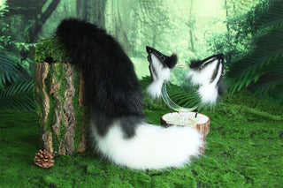 Black white fox ear and tail butt plug set faux fur fox kemonomimi wolf ear and tail anime cosplay petplay cat ear and tail kitten ear and tail set