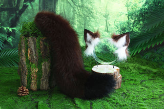 Fox ear and tail butt plug set coffee black faux fur curved wolf tail and ear cat tail and ear kitten petplay fox kemonomimi wolf ear anime cosplay