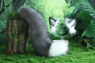 Gray white fox ear and tail butt plug furry faux fur curved wolf tail and ear cat tail and ear kitten petplay fox kemonomimi wolf ear anime cosplay