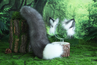 Gray white fox ear and tail butt plug furry faux fur curved wolf tail and ear cat tail and ear kitten petplay fox kemonomimi wolf ear anime cosplay