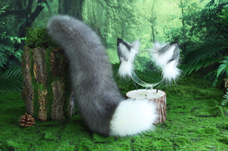 Gray white fox ear and tail butt plug furry faux fur curved wolf tail and ear cat tail and ear kitten petplay fox kemonomimi wolf ear anime cosplay