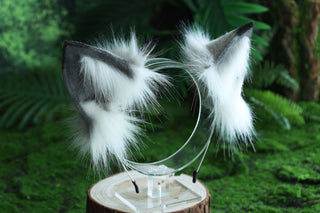 Gray white fox ear and tail butt plug furry faux fur curved wolf tail and ear cat tail and ear kitten petplay fox kemonomimi wolf ear anime cosplay