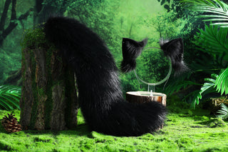 Black Faux fur fox ear and tail butt plug curved wolf tail and ear cat tail and ear kitten ear and tail set anime cosplay ear and tail petplay