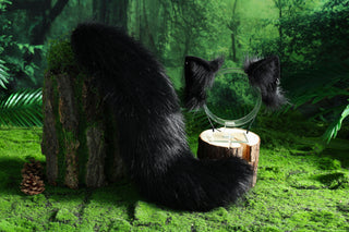Black Faux fur fox ear and tail butt plug curved wolf tail and ear cat tail and ear kitten ear and tail set anime cosplay ear and tail petplay