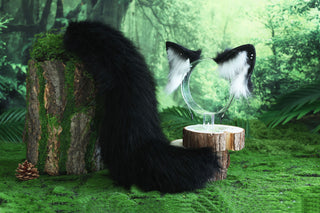 Black Faux fur fox ear and tail butt plug curved wolf tail and ear cat tail and ear kitten ear and tail set anime cosplay ear and tail petplay
