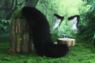 Black Faux fur fox ear and tail butt plug curved wolf tail and ear cat tail and ear kitten ear and tail set anime cosplay ear and tail petplay