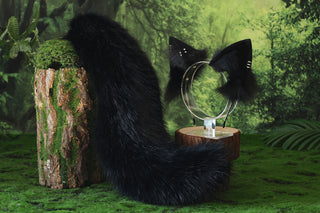 Black faux fur fox ear and tail butt plug wolf tail and ear cat tail and ear kitten ear and tail anime cosplay fox kemonomimi wolf therian petplay