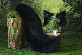 Black faux fur fox ear and tail butt plug wolf tail and ear cat tail and ear kitten ear and tail anime cosplay fox kemonomimi wolf therian petplay